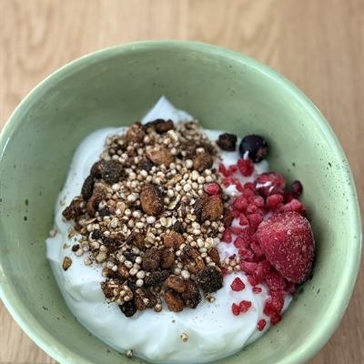 Schüssel Joghurt mit selbstgemachtem Granola und Himbeeren