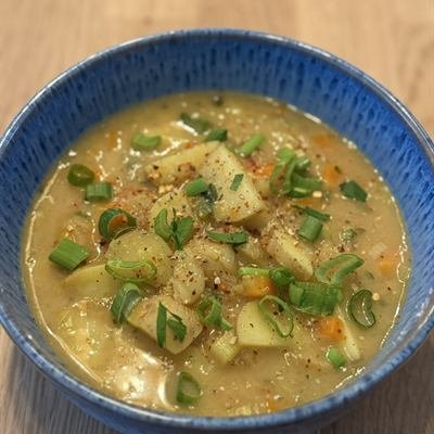 Kartoffel-Lauch-Suppe mit Frühlingszwiebeln in einer blauen Schüssel