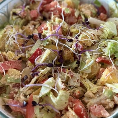 Salatbowl mit Kartoffeln, Tomaten und Sprossen