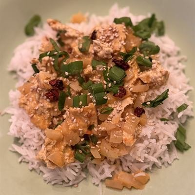 Tofu in Kokos-Currysoße mit Frühlingszwiebeln und Chili auf Reis